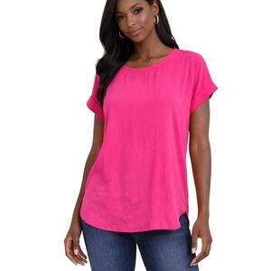 Pleione Hot Pink Blouse Women’s S Short Sleeve Pleated Back Crew Neck Flowy Top
